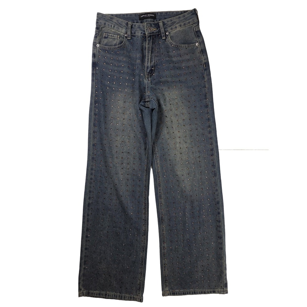 Ashley Mason Brown Studded Straight Leg Jeans Womens 25 Blue Denim High Rise
